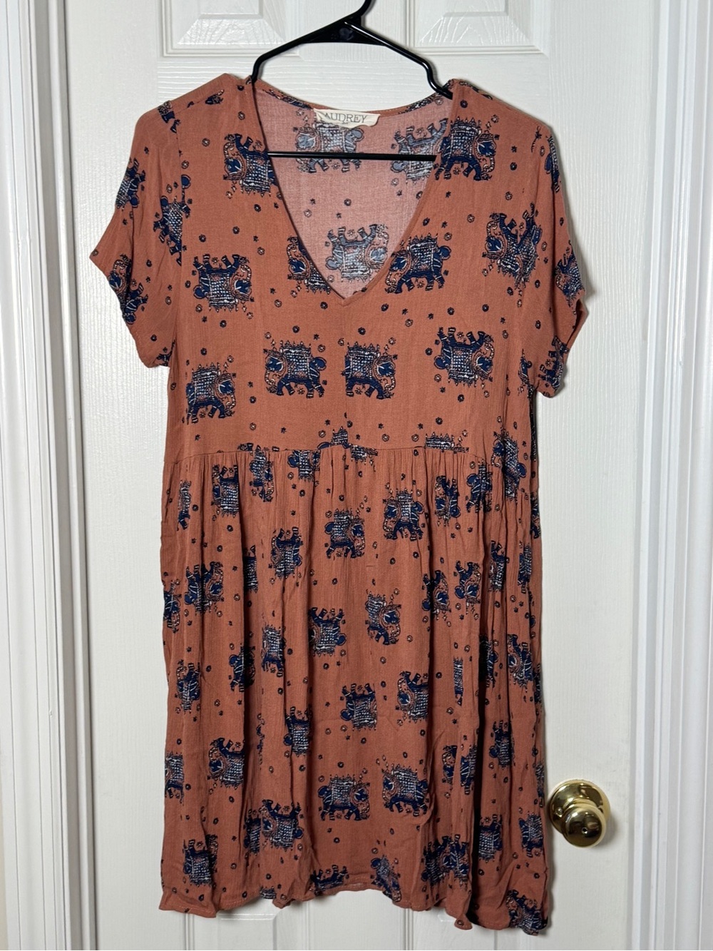 Audrey 3+1 Boho Elephant Print Babydoll Mini Dress Rust Coral Size L